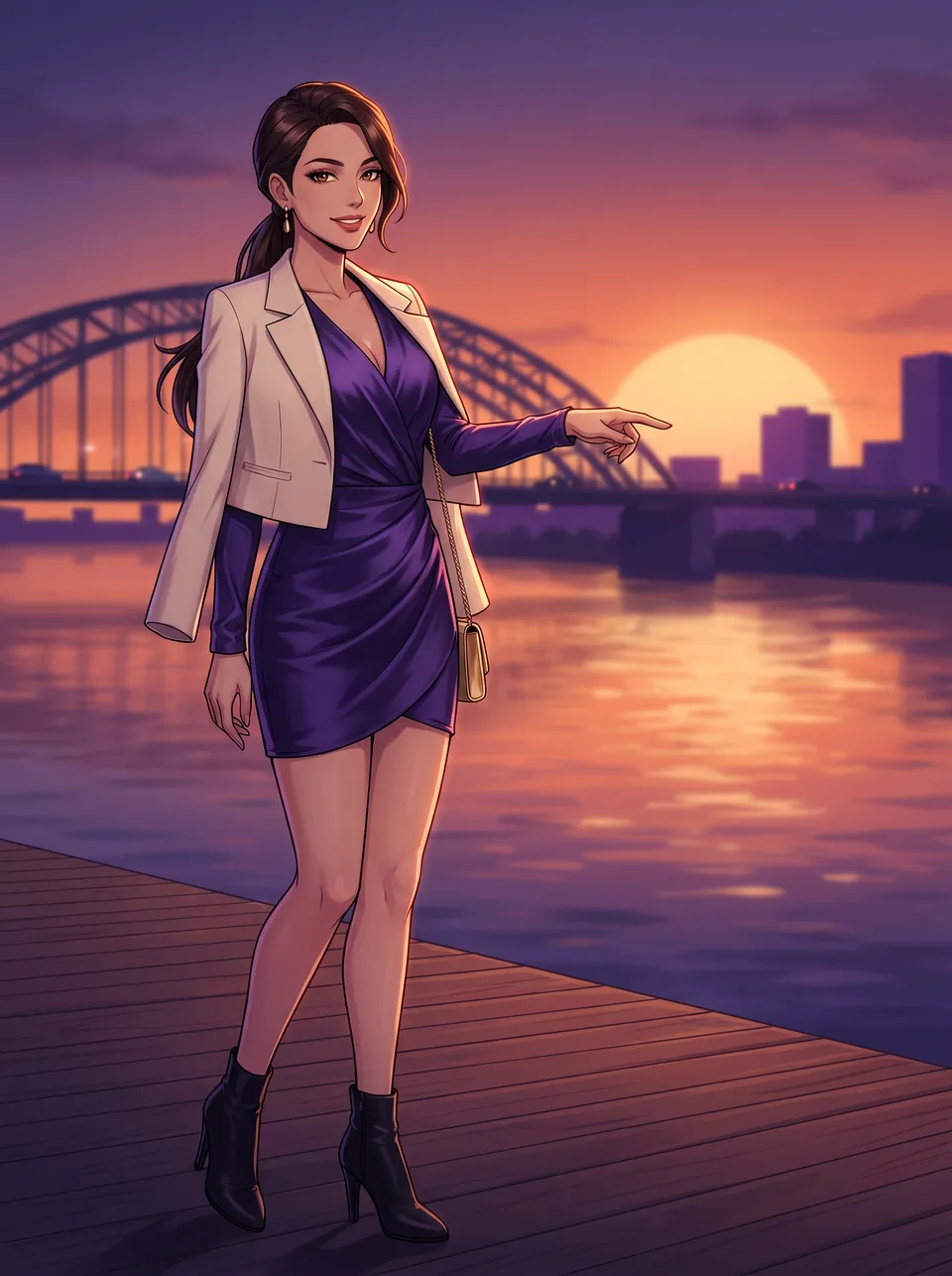 Illustration: a young woman in a violet dress and a cream jacket stands on a riverside boardwalk at sunset and points along the river
