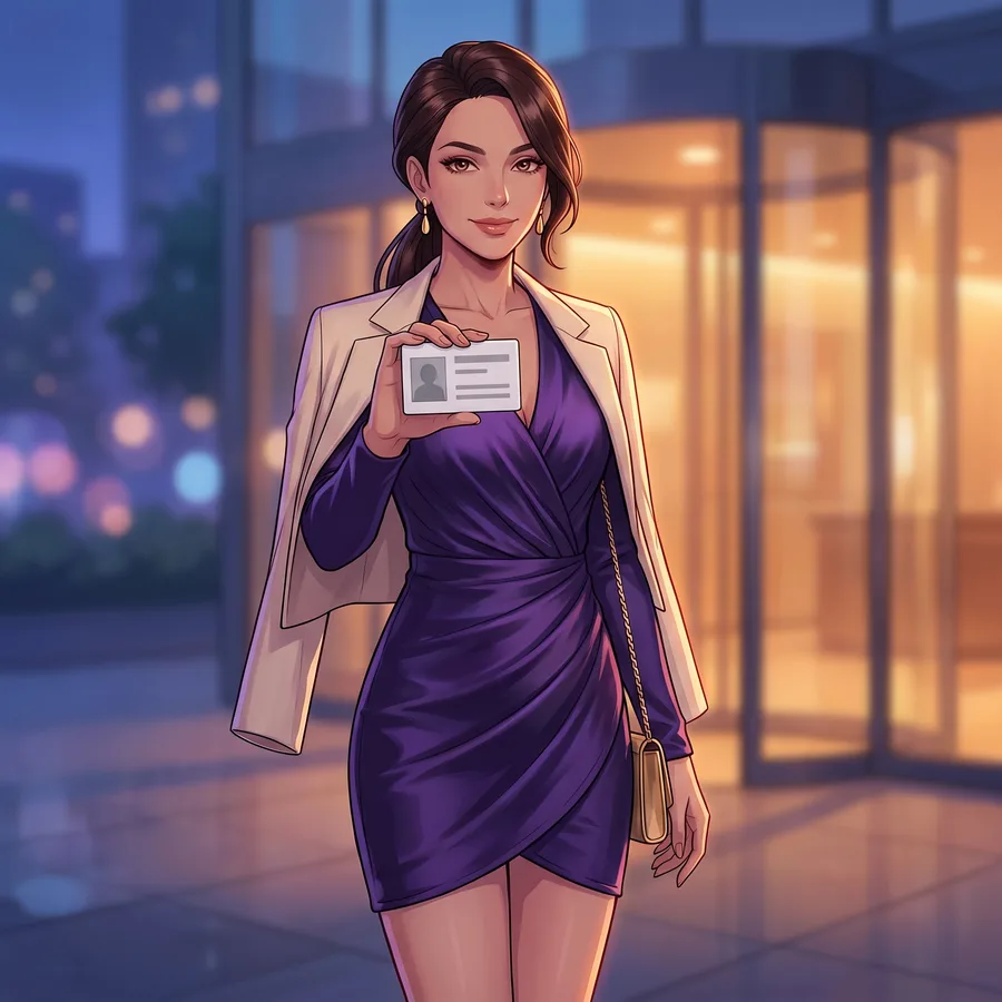 Illustration: the same young woman holds up a plain photo ID card in front of a glass entrance at dusk