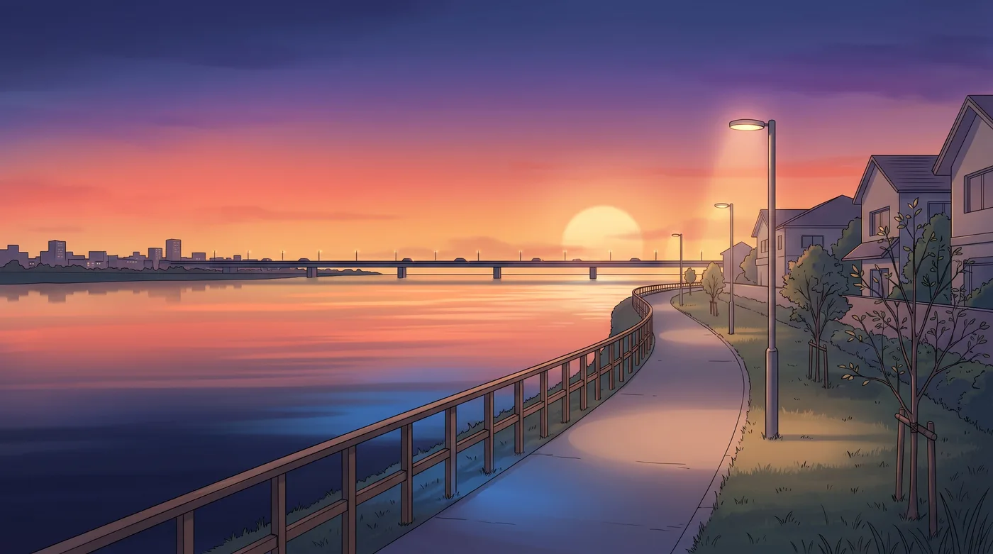Illustration: an empty riverside walking path with street lamps along a wide river at dusk, a long bridge and a low skyline on the far bank